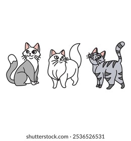 Whimsical Trio of Cats – Cartoon-Style Illustrations in Playful Poses