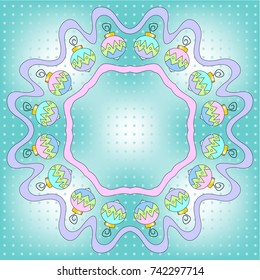 Whimsical turquoise and white vector Christmas background with small dots and colorful baubles.