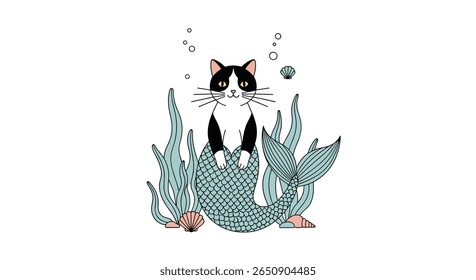 Whimsical tuxedo cat mermaid sitting amongst seaweed and coral reef creatures