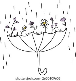 Whimsical Umbrella Flowers Vector Illustration - Rainy Day Concept in Minimal Doodle Style