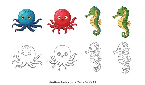 Whimsical underwater creatures collection featuring colorful octopuses and adorable seahorses for childrens art projects