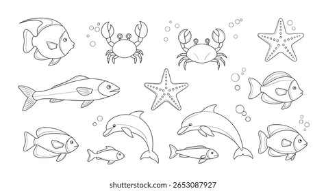 Whimsical Underwater Marine Life Illustrations Featuring Dolphins Starfish Fish Crabs and Seashells for Decorative Purposes