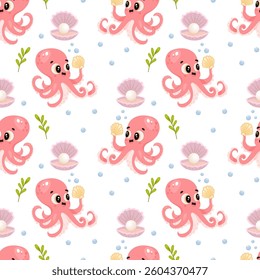 Whimsical underwater pattern featuring a smiling octopus holding a shell with pearls
