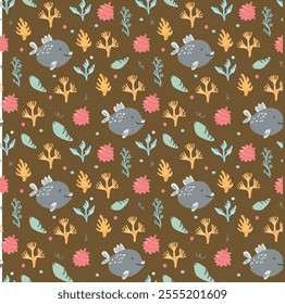 Whimsical underwater pattern with fish and coral in earthy tones.