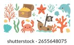 Whimsical underwater pirate vector set with a smiling crab, dolphin, treasure chest, and sea plants, perfect for playful adventure illustrations.