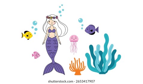 Whimsical underwater scene featuring a beautiful mermaid surrounded by colorful marine life and bubbles