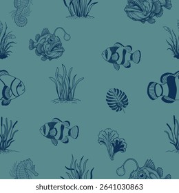 A whimsical underwater world teeming with hand-drawn marine life and botanical elements.