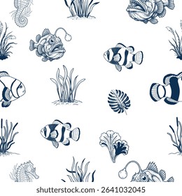 A whimsical underwater world teeming with hand-drawn marine life and botanical elements.