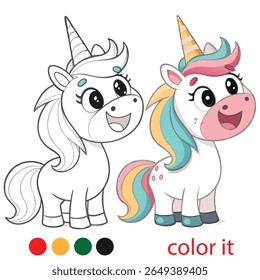 Whimsical Unicorn Coloring Page for Kids – Playful Fantasy Animal with Bold Outlines and Happy Expression for Fun Activity Book