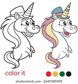 Whimsical Unicorn Coloring Page for Kids – Playful Fantasy Animal with Bold Outlines and Happy Expression for Fun Activity Book