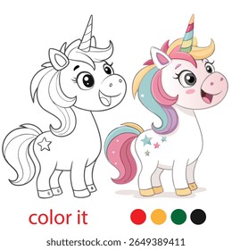 Whimsical Unicorn Coloring Page for Kids – Playful Fantasy Animal with Bold Outlines and Happy Expression for Fun Activity Book