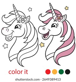 Whimsical Unicorn Coloring Page for Kids – Playful Fantasy Animal with Bold Outlines and Happy Expression for Fun Activity Book