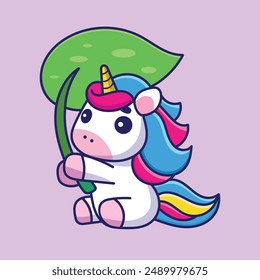Whimsical Unicorn Holding a Big Leaf on Her Head Enchanting Fantasy Design