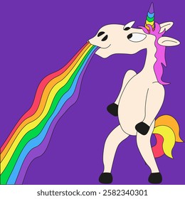 Whimsical Unicorn and Rainbow. Funky looney Unicorn. Perfect vibrant color poster cover template with Unicorn. Pride Month theme. Vector illustration for social media web copybook cover design EPS 10 