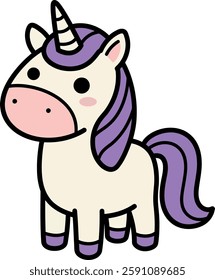 A whimsical unicorn stands cheerfully, featuring a purple mane and horn, exuding a playful and magical atmosphere.