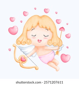 Whimsical valentine cupid illustration in watercolor. Great for love themed artwork, hand drawn designs, and romantic cards. Perfect for creative valentine projects.