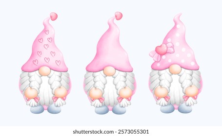 Whimsical valentine gnome illustration in watercolor. Great for love themed artwork, hand drawn designs, and romantic cards. Perfect for creative valentine projects.