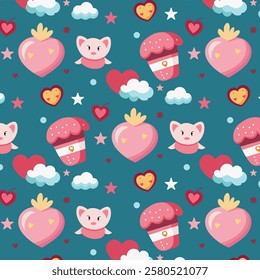 Whimsical Valentine Pattern with Hearts, Cupcakes, Clouds, and Cute Creatures