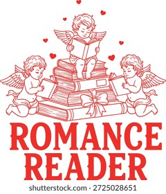 design de leitura fascinante com três pequenos anjos cupido lendo sobre uma pilha empilhada de livros amarrados com um arco e cercado por corações minúsculos com a frase romance leitor em negrito letras perfeito para os amantes do romance de bookworms bibliotecários e clube de livros camisas de valentim totes e canecas
