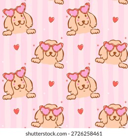 Whimsical valentine seamless pattern golden retriever dog with heart glasses hand drawn romantic repeat isolated on stripes background