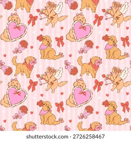 Whimsical valentine sem emenda padrão dourado golden retriever cão mão desenhado romântico repetir isolado no fundo listras