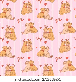 Caprichoso patrón de San Valentín sin fisuras golden retriever perro pareja amante dibujado a mano romántico repetido aislado en rayas de fondo