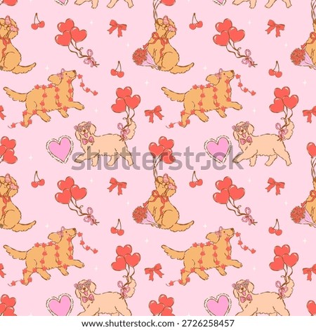 Whimsical valentine seamless pattern golden retriever dog with heart balloons hand drawn romantic repeat isolated on background