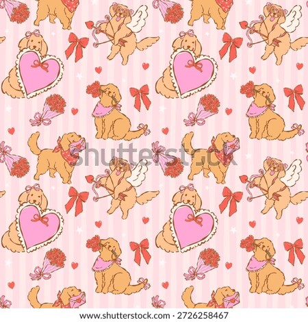 Whimsical valentine seamless pattern golden retriever dog hand drawn romantic repeat isolated on stripe background