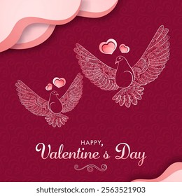 A whimsical Valentine's Day card featuring two ornate doves with outstretched wings, symbolizing love and togetherness. The doves are intricately decorated with a delicate pattern