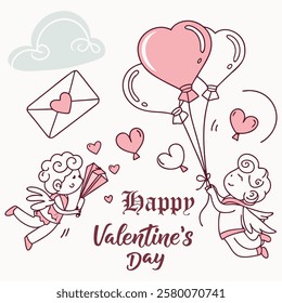 whimsical Valentine's Day cherubs illustration. A whimsical Valentine’s Day card with hand-drawn doodles of cupids, love letters, and heart-shaped balloons, set against a pastel background. playful