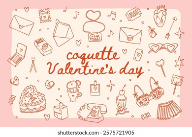 Whimsical Valentines day fun doodle elements collection. Red and pink coquette core cute romantic vintage illustration. Valentine core. Cute girly elements set. Whimsy retro valentine feminine icons