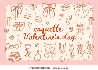 Whimsical Valentines day fun doodle elements collection. Red and pink coquette core cute romantic vintage illustration. Valentine core. Cute girly elements set. Whimsy retro valentine feminine icons