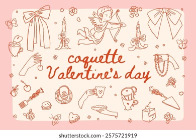 Whimsical Valentines day fun doodle elements collection. Red and pink coquette core cute romantic vintage illustration. Valentine core. Cute girly elements set. Whimsy retro valentine feminine icons