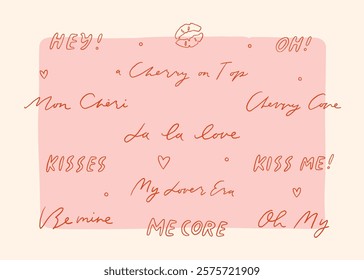 Whimsical Valentines day fun lettering collection. Red and pink coquette core cute romantic phrases. Valentine core quotes. Cute girly text set. Whimsy feminine hand writing for cards and posters