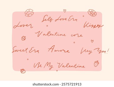 Whimsical Valentines day fun lettering collection. Red and pink coquette core cute romantic phrases. Valentine core quotes. Cute girly text set. Whimsy feminine hand writing for cards and posters