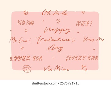 Whimsical Valentines day fun lettering collection. Red and pink coquette core cute romantic phrases. Valentine core quotes. Cute girly text set. Whimsy feminine hand writing for cards and posters