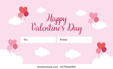 Whimsical Valentine's Day gift tag featuring heart-shaped balloons floating among fluffy clouds, with 'To' and 'From' sections for personalized gifting.