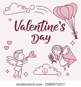 whimsical valentine's day illustration. A whimsical Valentine’s Day card with hand-drawn doodles of cupids, love letters, and heart-shaped balloons, set against a pastel background. playful cherubs