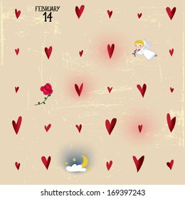 Whimsical Valentine's Day Poster - Wonky hearts, some of them glowing, cherub, rose and romantic evening, hand drawn Valentine greeting card or poster, doodle style