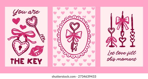 Whimsical Valentines day vector cards set. Vintage retro love print designs with keys, candles, bows, hearts illustration, romantic quotes in coquette frames