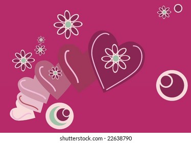 Whimsical valentine's day vector illustration hearts and flowers on a hibiscus pink background.  The hearts and flowers are in different shade of pink with a touch of summer green added for contrast.