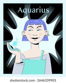 Vetor extravagante do signo do zodíaco de Aquário como uma mulher sonhadora e inventiva com acessórios simbólicos. Adequado para a arte mágica, produtos esotéricos ou mídia horóscopo.
