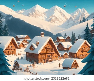 whimsical vector art village nestled in the mountains, with snow-capped peaks, wooden chalets, and a warm, welcoming atmosphere.