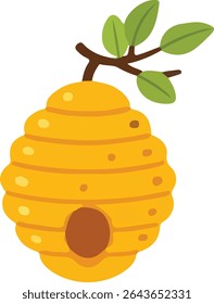 A whimsical vector drawing features a yellow beehive with a leafy branch on top.