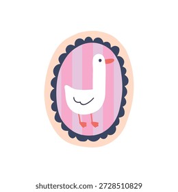 Whimsical vector goose character in hand-drawn naive oval medallion. Isolated farm bird charm for cottagecore stationery, clay craft jewelry, nursery wall art, kids apparel and village branding