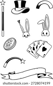 Un gráfico de Vector caprichoso que presenta Elementos mágicos clásicos como un sombrero de copa, un conejo, una varita mágica brillante, una moneda de la suerte y un fanático de las cartas, presentados como ilustraciones juguetonas