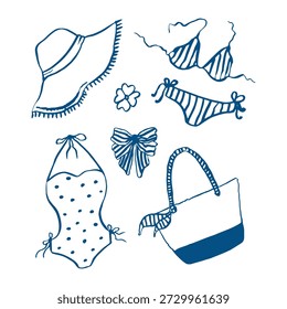 Whimsical vector hand drawn illustrations of sea beach clothes, swimsuits and accessories on white background