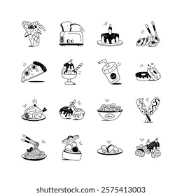 Whimsical vector icons of various food and beverages, showcasing a playful and inviting style