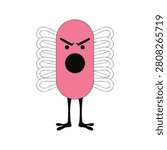 A whimsical vector illustration of an angry pink bacteria character with small legs and white, curly wings, expressing frustration.