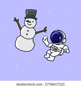 Ilustração vetorial caprichosa de um astronauta criando um bonitinho boneco de neve usando um chapéu enquanto flutua no espaço sideral.